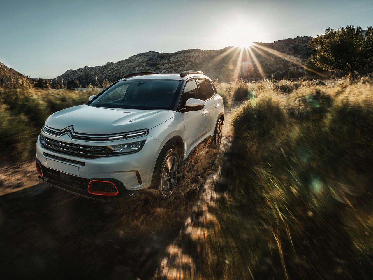 En vit Citroën C5 Aircross på en grusväg i motljus.